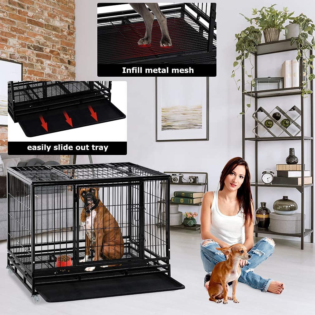 FDW Dog Crate Dog Cage Dog Kennel for Large Dogs Heavy Duty 36 Inches Pet Playpen for Training Indoor Outdoor with Plastic Tray Double Doors & Locks Design