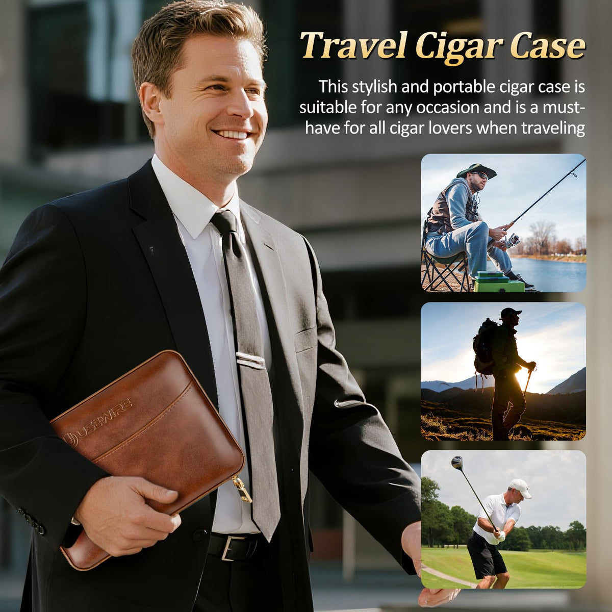 USEWIRE Cigar Humidor, Cedar Wood Leather Cigar Box Set with Cigar Lighter, Cigar Humidifier and Cedar Tray, Portable Travel Cigar Case for 7 Cigars, Men's Cigar Accessory Gift (No Butane)