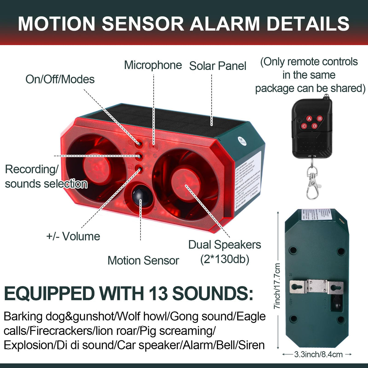 Qualirey 6 Pcs Solar Outdoor Motion Sensor Alarm Motion Sensor Animal Deterrent Dog Barking Alarm 13 Sound 130db Loud Noise Maker 4 Mode with USB Remote Control Support Recording Volume Adjustment