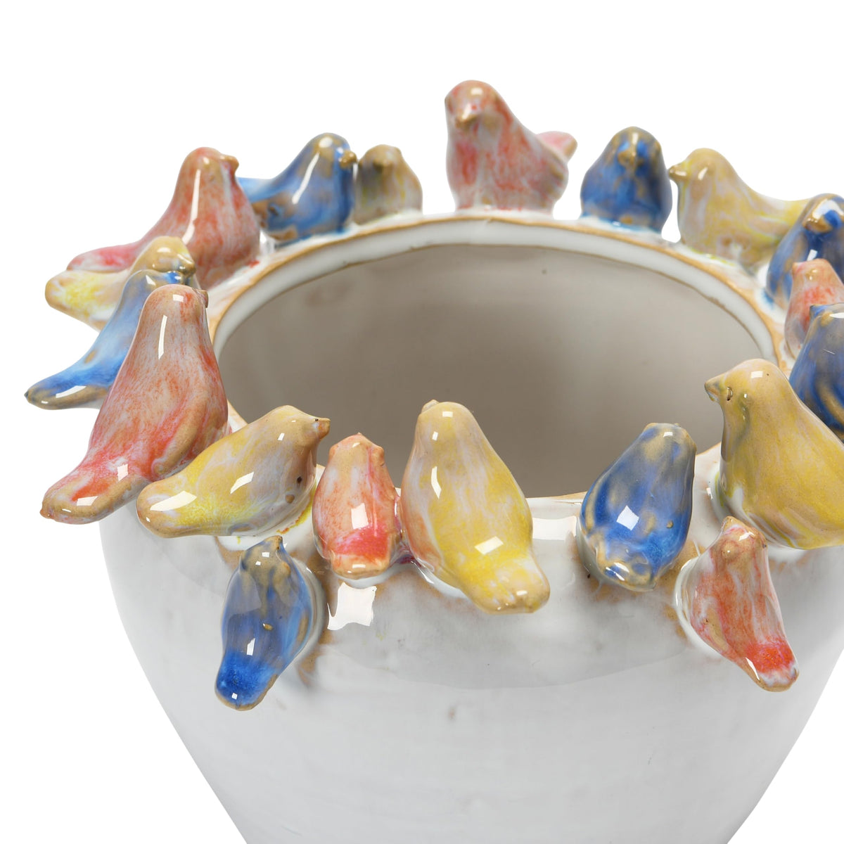 Creative Co-Op Stoneware Planter with Birds on Rim, Reactive Glaze