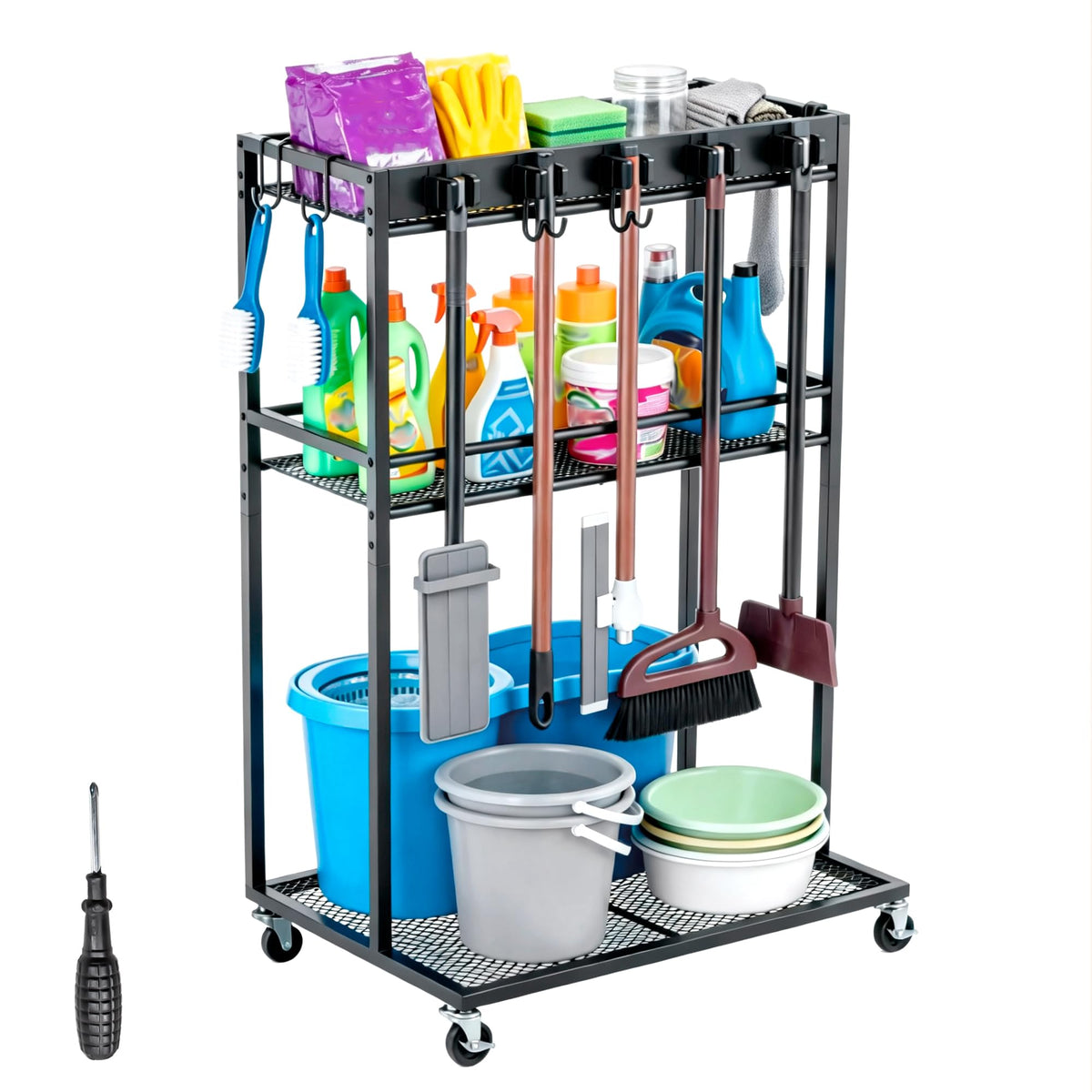 QonicFly Broom Holder with Cleaning Cart on Wheels – 300 lbs Weight Capacity, Holds Upright Vacuum & Steam Mop, Locking Brakes, Slim 22" Wide Storage for Garage Laundry Room, No Tools Assembly