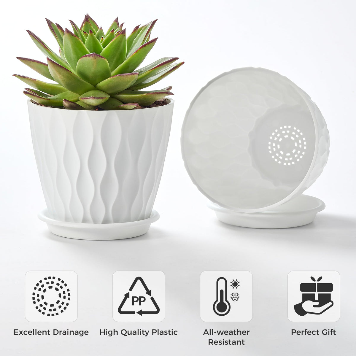 FaithLand 6-Pack 6-Inch Plastic Plant Pots with Saucers | Thickened PP Material, Modern Wave Texture, Enhanced Drainage for Indoor/Outdoor Garden Plants | White Value Set