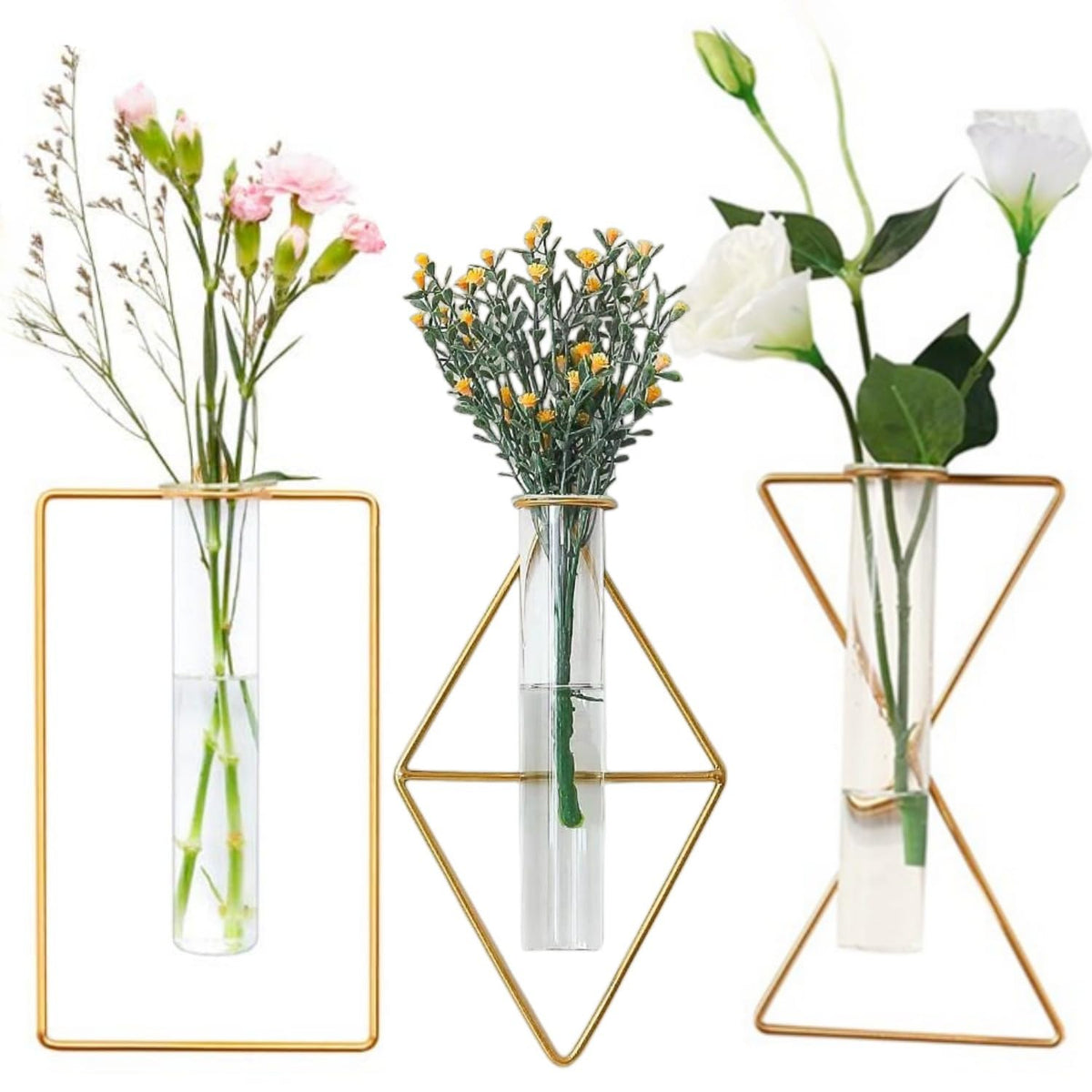 3 Pack Nordic Wall Vase,Gold Geometric Vase Hanging Hydroponic Planter,Wall-Mounted Metal Glass Tube Bud Vase Decorative for Centerpieces Wedding Home Decor(Gold 6)
