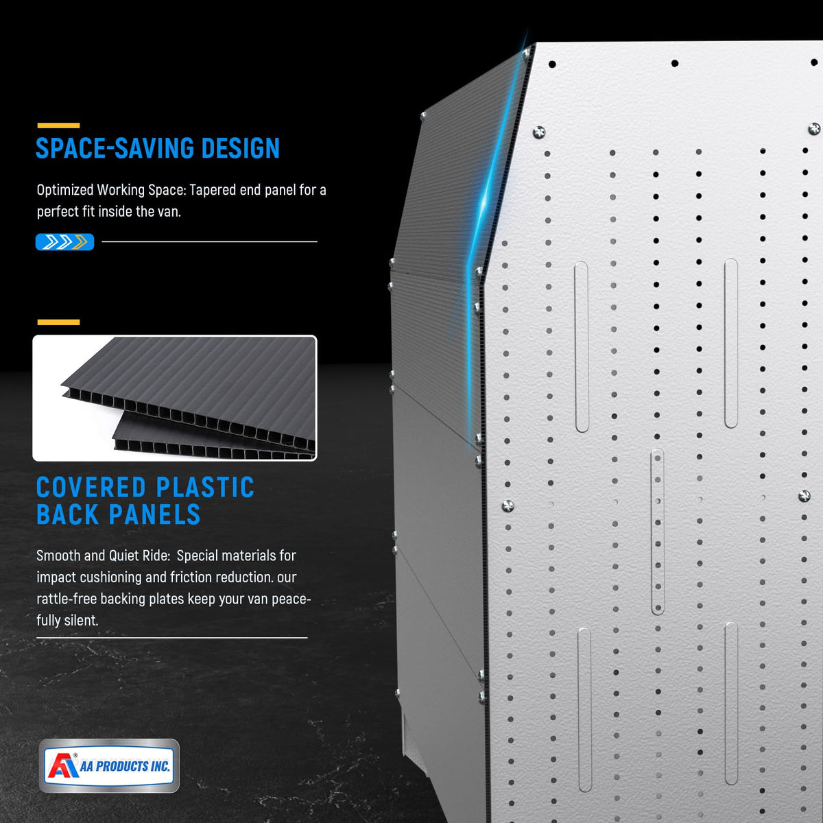AA Products Model SH-4604-T3 Steel Low/Mid/High Roof Van Shelving Storage System Fits Transit, GM, NV, Promaster, Sprinter and Metris, Contoured Shelving Unit, 42" W x 46" H x 16" D