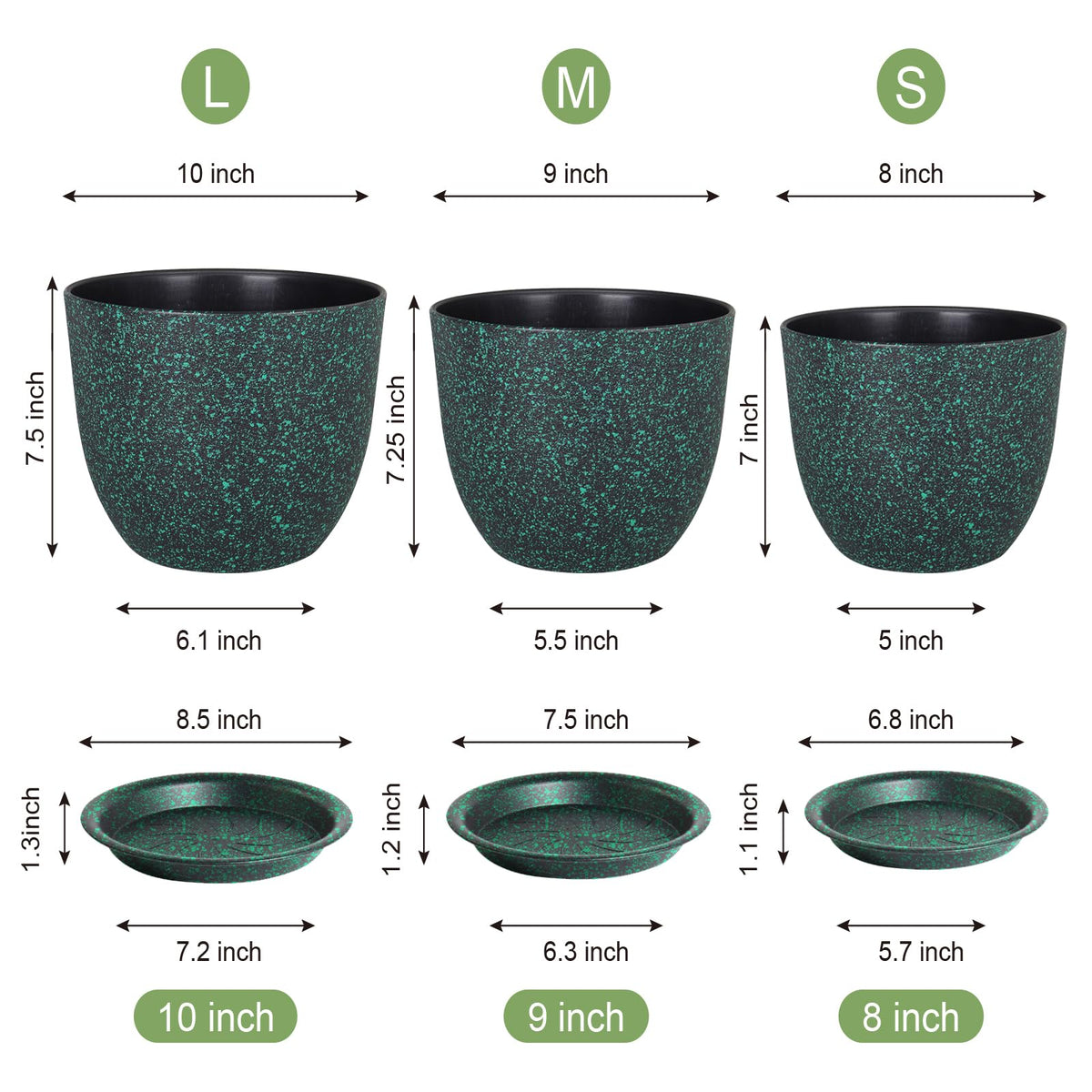 WSMKSZ Plant Pots 10/9/8 inch, Set of 3 Modern Decorative Plastic Planters with Drainage Holes and Saucers for Garden House Plants, Flower Pots for Indoor Outdoor Plants, Black with Green Speckles