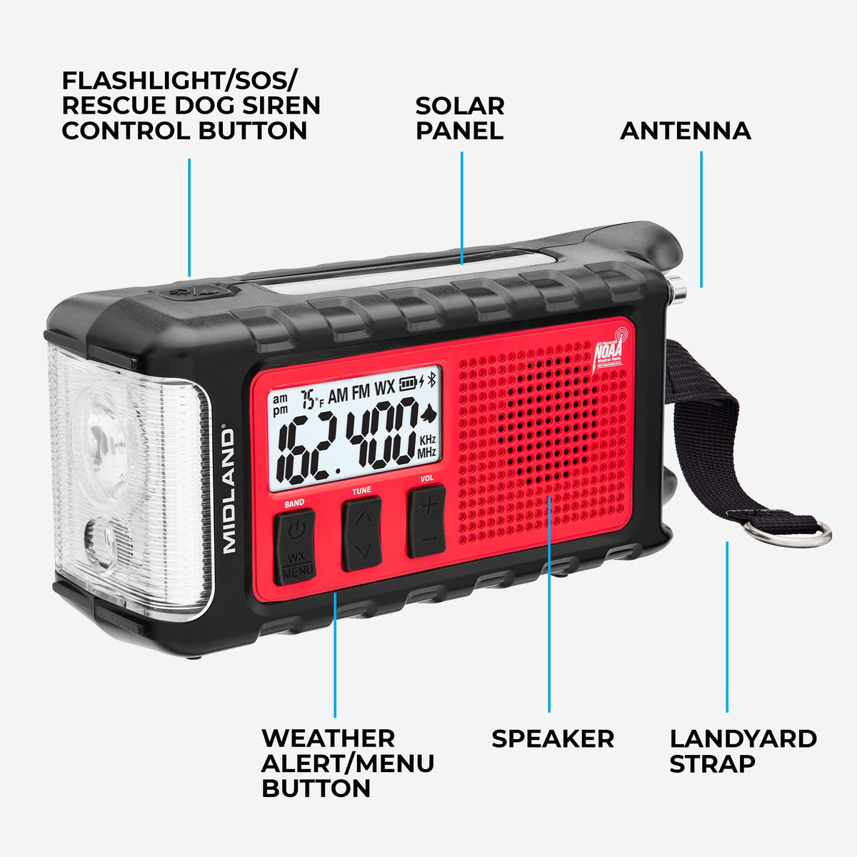 Midland - ER310PRO, Portable Emergency Bluetooth Weather AM/FM Radio with 10,000 mAh Power Bank - Multiple Power Sources, SOS Flashlight, Ultrasonic Rescue Dog Siren, & NOAA Weather (Red/Black)