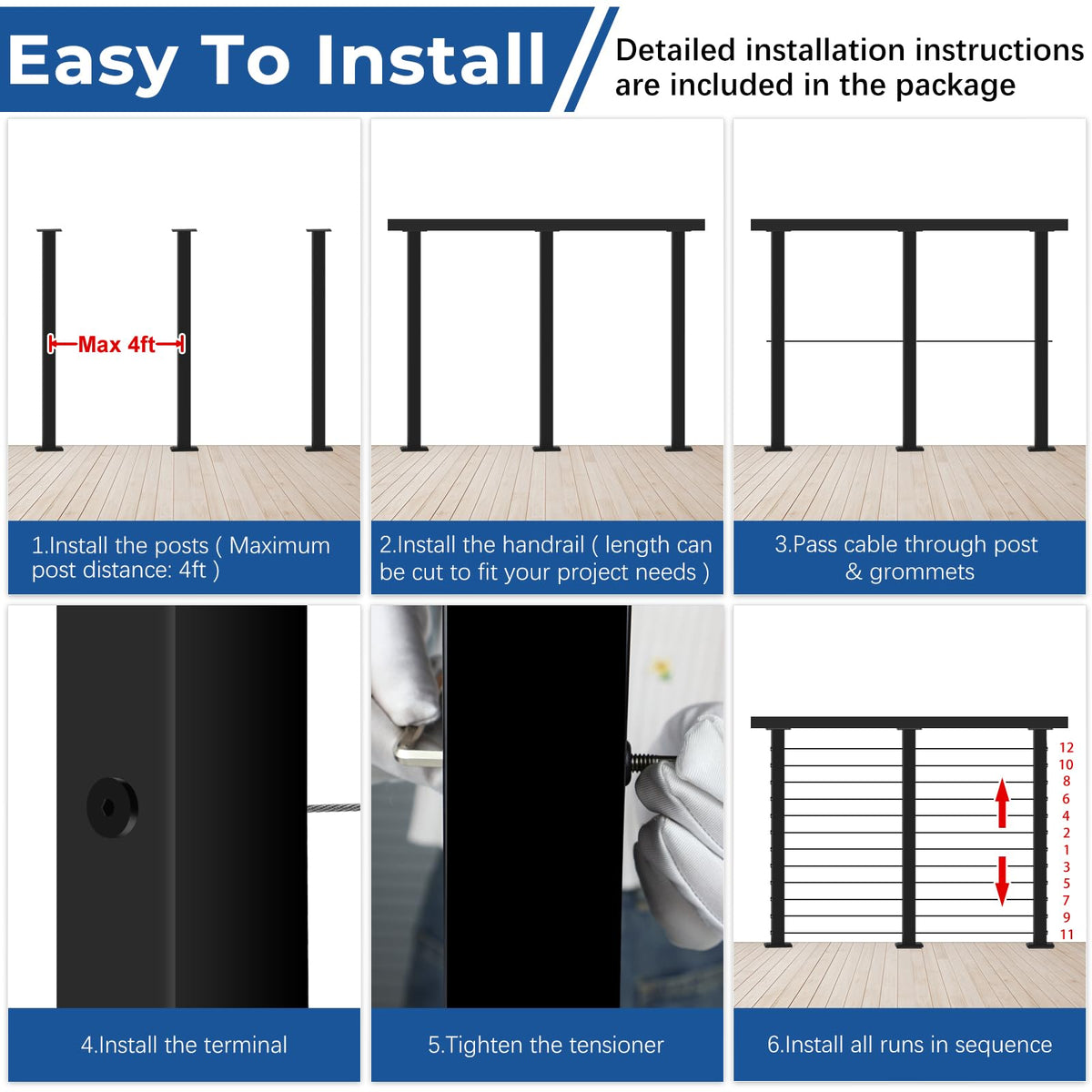 Zylorix 4ft-8ft Complete Set 42" Deck Cable Railing System with Handrail Cuttable, Modular T304 Stainless Steel Black Level Drilled Cable Railing Posts Kit with 1/8" Cable Railing Hardware
