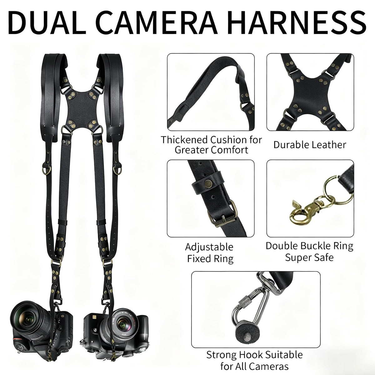 YIHAOSSING Camera Harness,Black Camera Straps for Photographers,Leather Dual Camera Strap for Two DSLR/SLR Cameras (black)