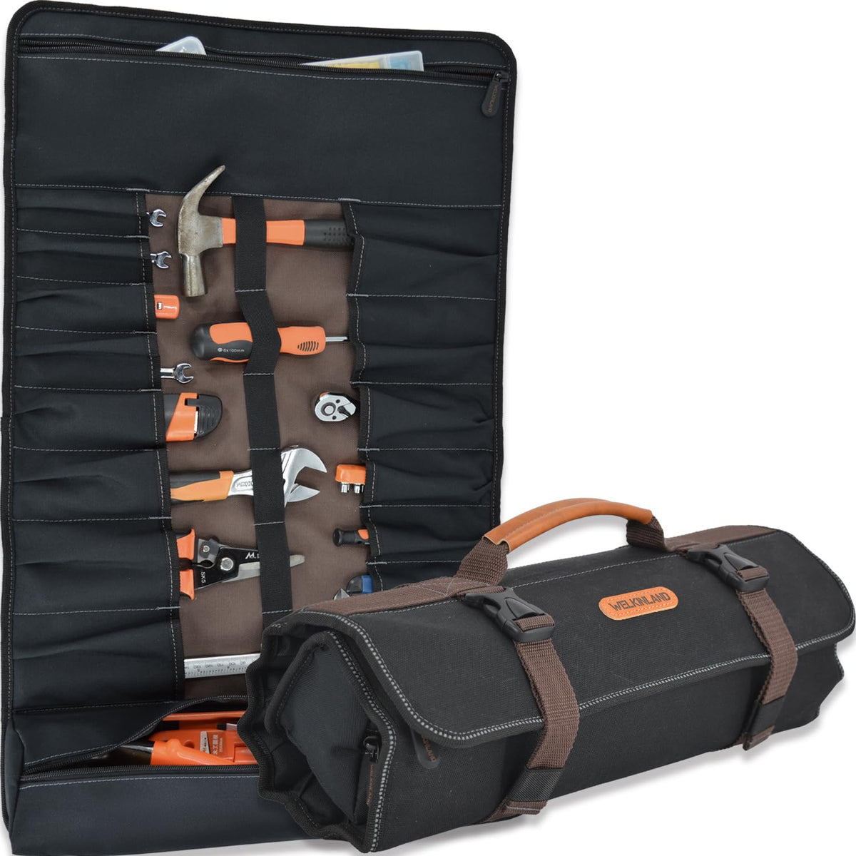 WELKINLAND 18-Pockets Waxed Canvas Tool Roll, Heavy-Duty tool bag roll, Waterproof tool roll up bag, 17" Canvas tool roll, Screwdriver roll up bag