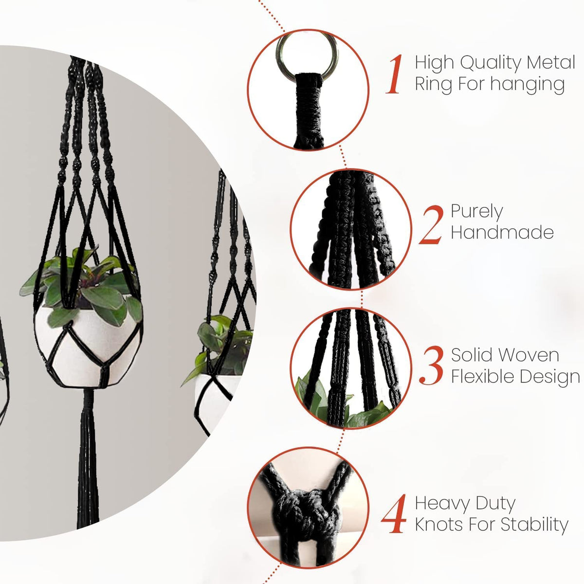 Feedee Macrame Plant Hangers - 6 Pack, Black, Indoor/Outdoor, Cotton