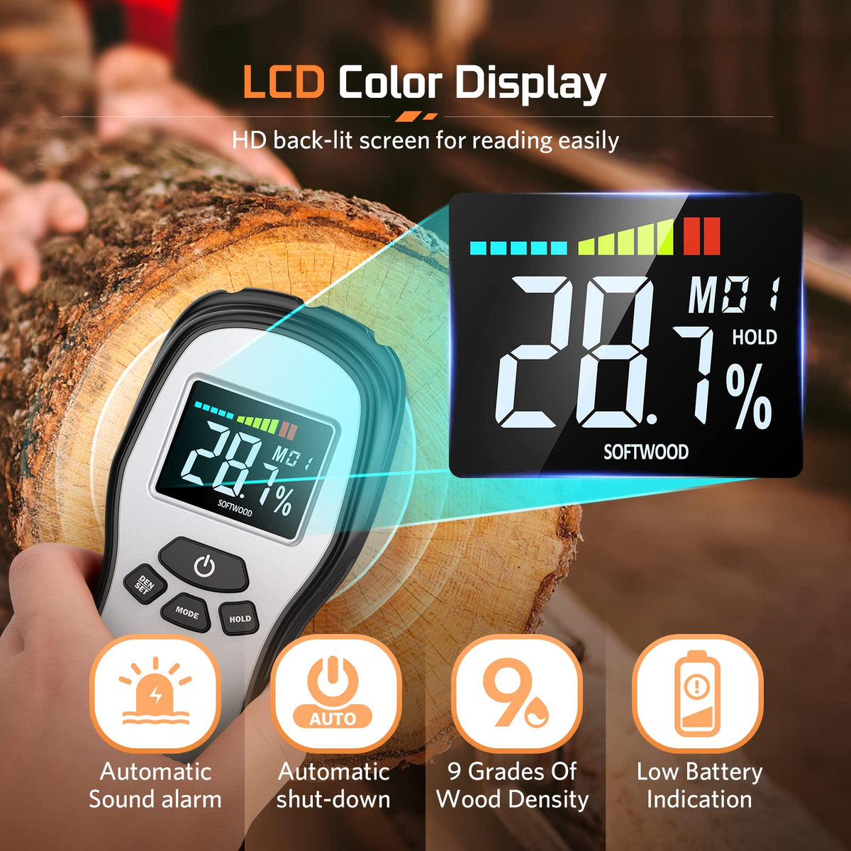 Pinless Wood Moisture Meter Detection - Firewood Moisture Meter Digital Moisture Detector for Lumber Drywall Firewood Masonry Woodworking Plaster Floor Concrete Building with LCD Display Sound Alarm