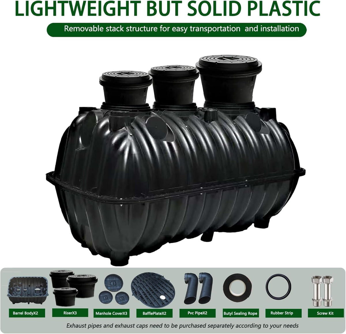 264gal Underground Septic Tank Kit Plastic Septic Tank System,Rectangle Anti Corrosion PP Septic System with Riser and Manhole Covers for 3-5 Persons (264gal)