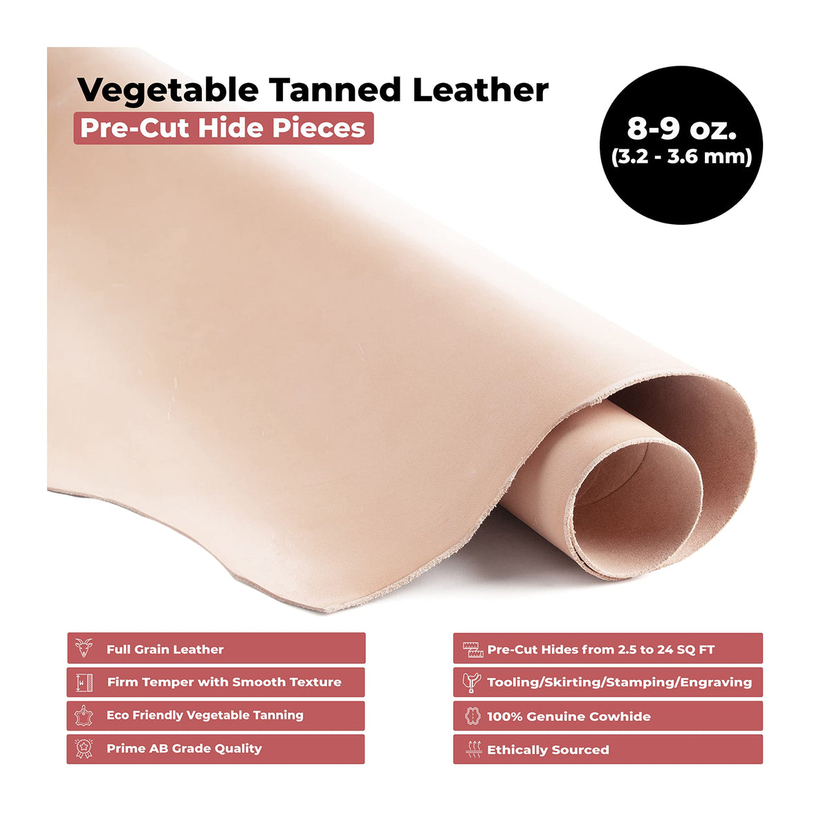 ELW Vegetable Tanned Leather 8-9 Oz. (3.2-3.6mm) Thickness | Pre-Cut 6"x12" | Tooling Leather Cowhide - Full Grain Leather Good for Crafting, Saddlery, Home Decor, Holsters, Knife Sheaths, Stamping