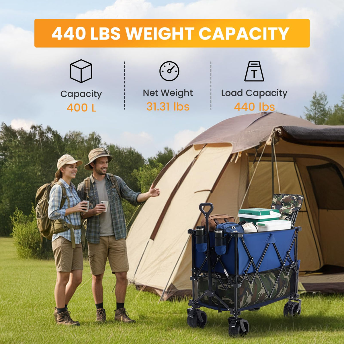 NEWBULIG Large Capacity Folding Double Decker Wagon with Brakes, 440lbs Wagons Carts Foldable Wagon Cart with Flexible Handle, All-Terrain Big Wheels for Grocery Sports Garden Camping
