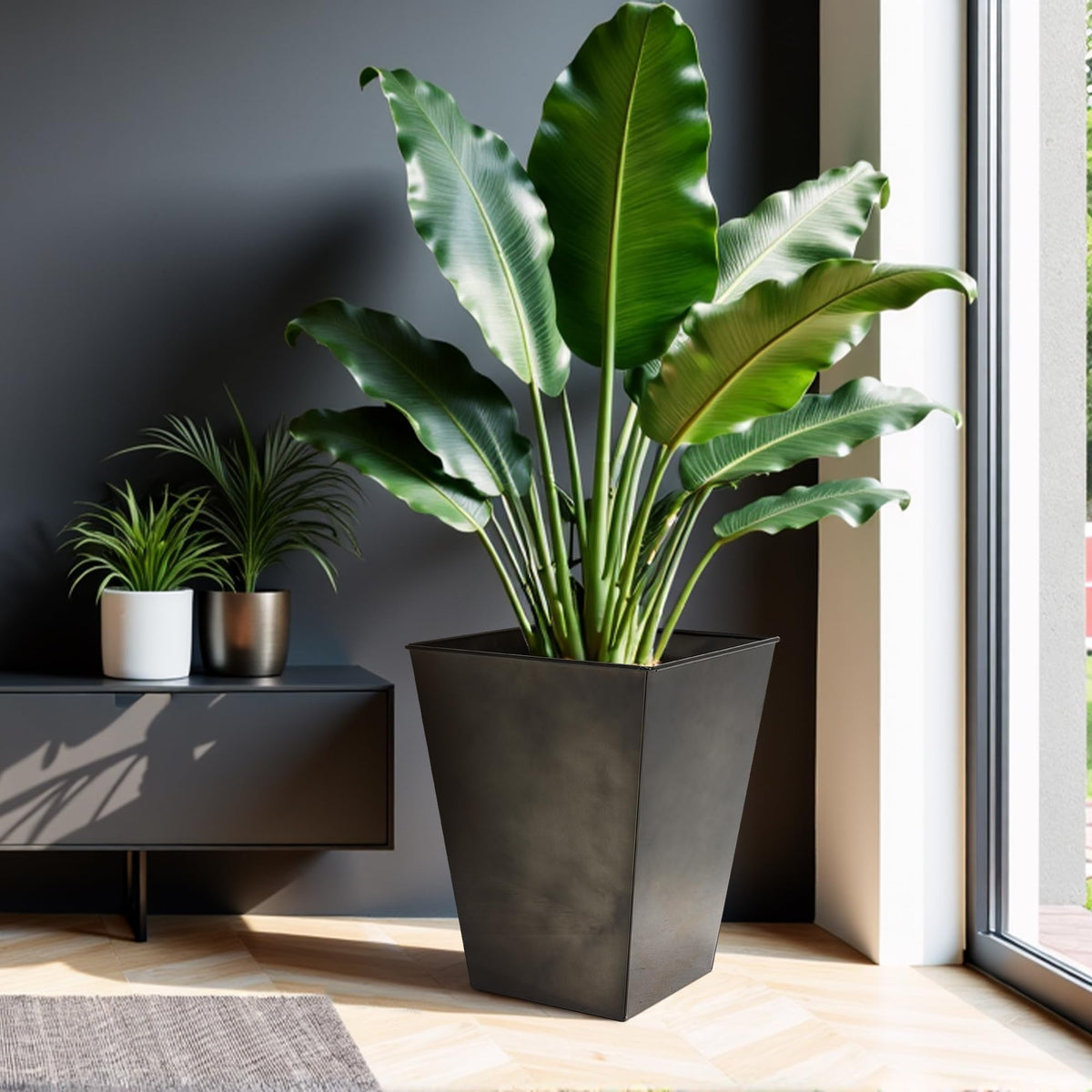Worth Garden Large Metal Glazed Floor Planter Set of 2-14" Dia x 18" H - Luxurious Glossy Finish Black Tall Square Tapered Steel Plant Pots, Decor Flower Pot Indoor & Outdoor, Drainage Hole