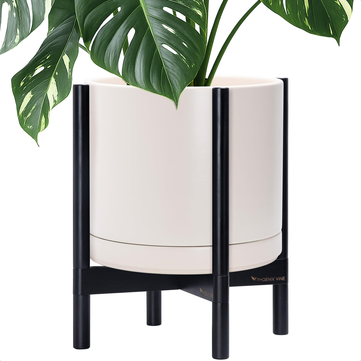 D'vine Dev Ceramic Planter with Ebony Stand - 14 Inch Modern Round Flower Pot with Wood Planter Holder, Oatmeal, 55-B-S-8