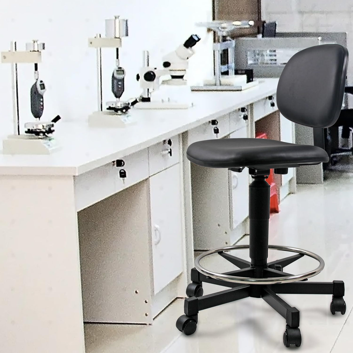 SigmaForce Ergonomic PU Leather Drafting Chair, 21"-31" Adjustable Height, 18" Footring, Padded Sponge Seat, 300 lb Capacity, Comfortable Back Support Task Stool for Lab, Workshop and Home Office