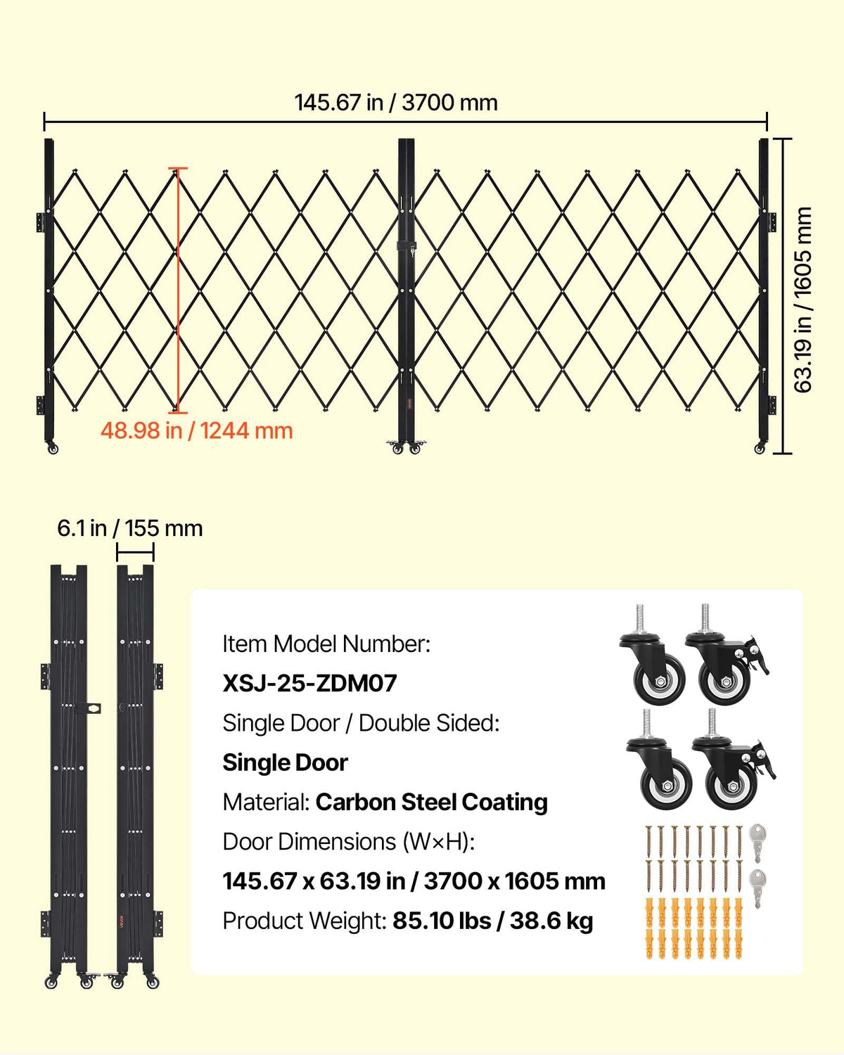 VEVOR Double Folding Security Gate, Lockable Scissor Gate with 360° Swivel Casters, Outdoor Barricade Steel Retractable Gates, for Entry Security, Garage, Warehouse & Pool, 145.67 x 63.19 in (W x H)