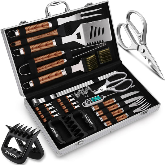 RINPIR 35pcs Deluxe Grilling Gifts Set for Birthday Fathers Day, Stainless Steel BBQ Accessories Kit for Men Dad, Professional Grill Tools Utensils with Scissors, Meat Claws in Aluminum Case Brown