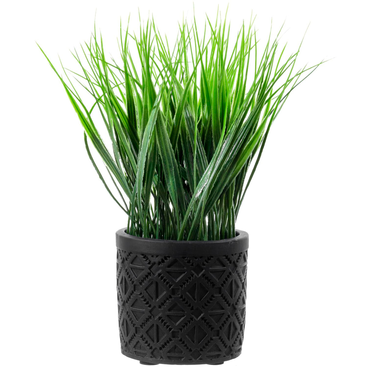 MyGift Artificial Green Grass Plant in Modern Black Concrete Pot with Geometric Embossed Pattern, Tabletop Faux Greenery Decorative Round Cement Planter Home Decor