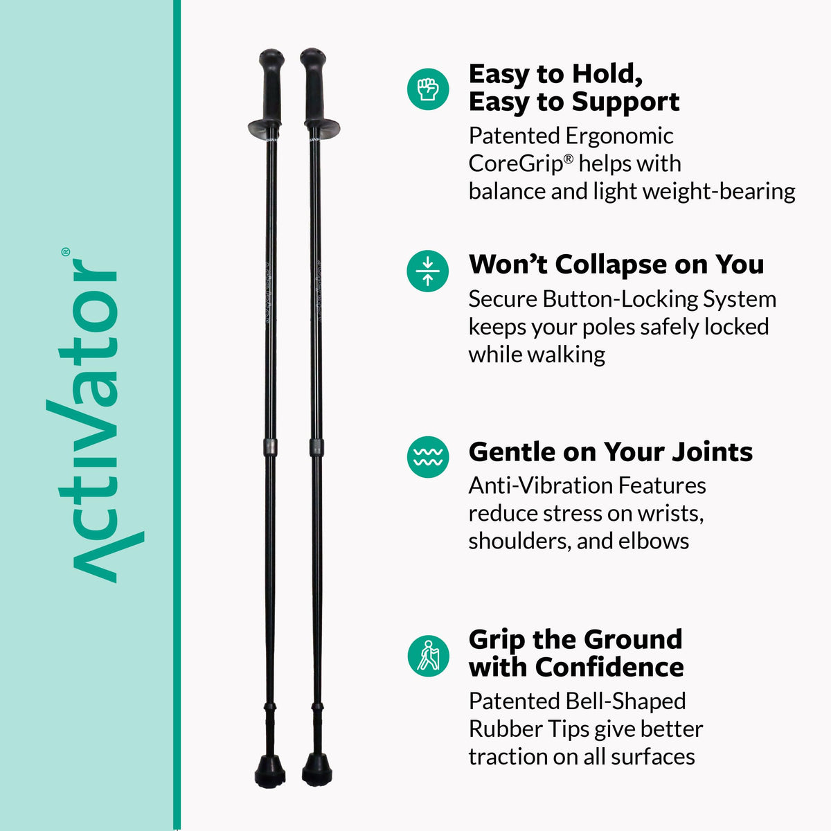 Urban Poling ACTIVATOR® Walking Poles for Balance and Rehabilitation – 1 Pair – Ergonomic CoreGrip™ Handles – Adjustable, Collapsible, and Lightweight for Stability and Recovery in Evening Black