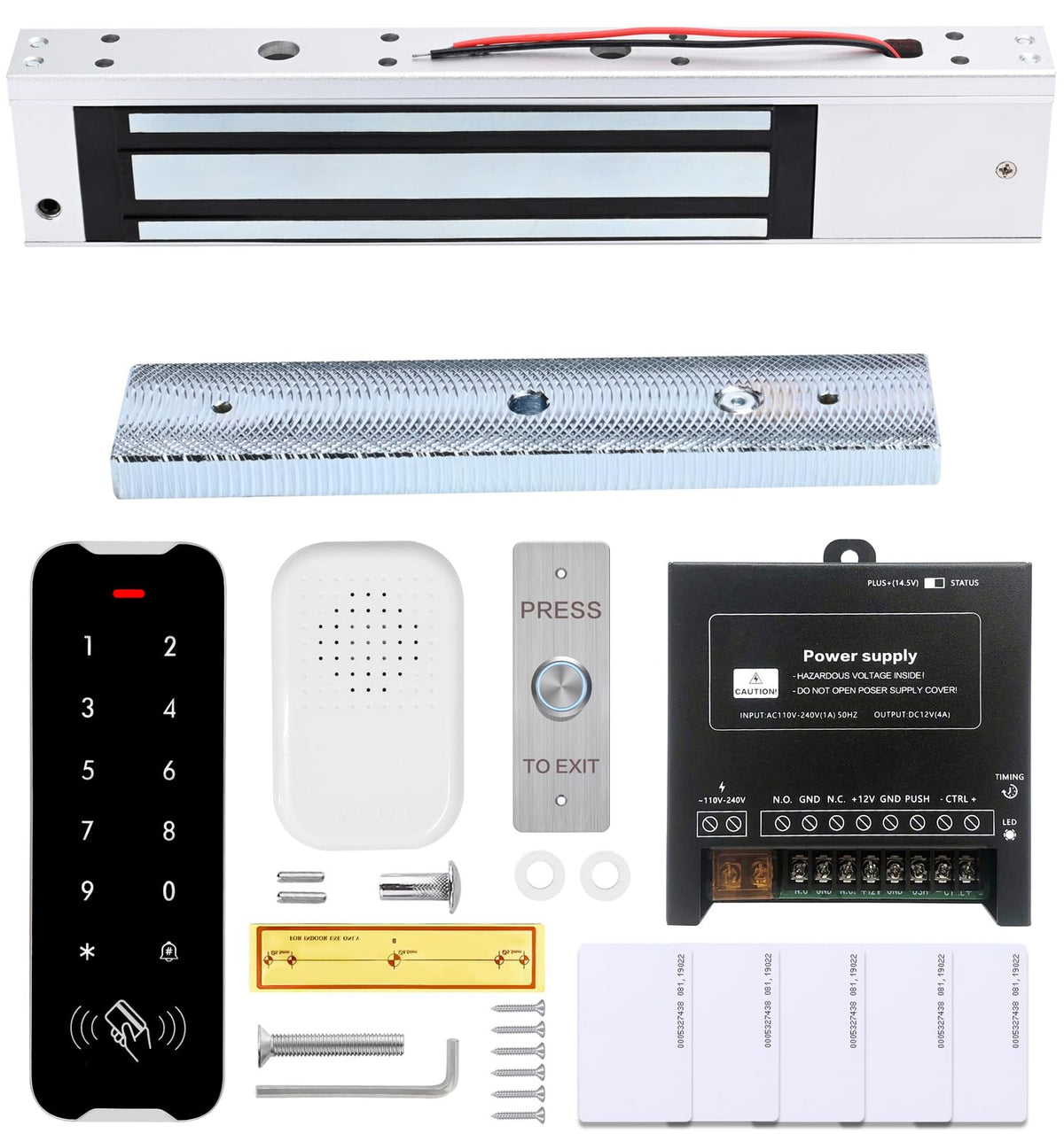 Door Access Control Kit, RFID Keypad, 600LB Magnetic Lock Set, Exit Button, Doorbell, Power Supply Controller, 10 RFID Key Fobs (XC50-280kg-Kit)