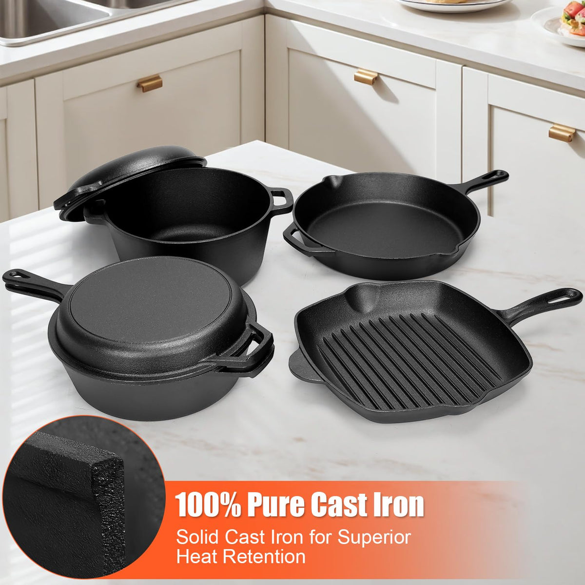 QuliMetal Seasoned Cast Iron Cookware Set, 5-Piece Bundle – 11" Grill Pan, 12" Skillet, 5QT Dutch Oven, 3.2QT Dutch Oven with 1.6QT Skillet Lid, Pre-Seasoned Cast Iron Pots and Pans for Home Cooking