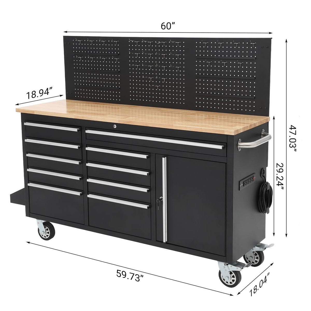 61" Rolling Tool Chest Workbench with 10-Drawers & Solid Rubber Wood Top, Mobile Heavy Duty Tool Storage Cabinet with Lock, Casters, Drawer Liner & 1675 LBS Load Capacity, Includes Power Strip