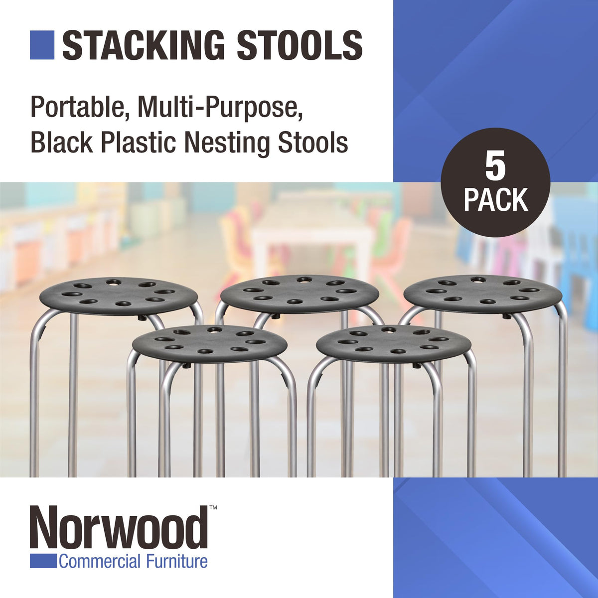 Norwood Commercial Furniture Stacking Stools for Kids and Adults, 17.75" Standard Height Portable Nesting Office and Classroom Stools, Black/Silver, Pack of 5