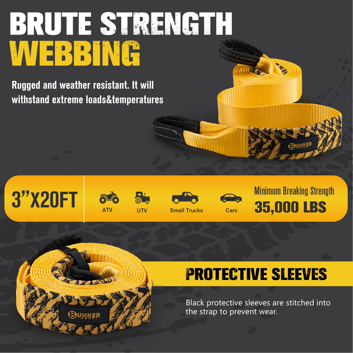 BUNKER INDUST Offroad Traction Boards with Jack Base (Grey) + 3" x 20ft Recovery Straps + Pair 3/4 D Ring Shackles + Bag 35,000 lbs Tree Saver Winch Strap