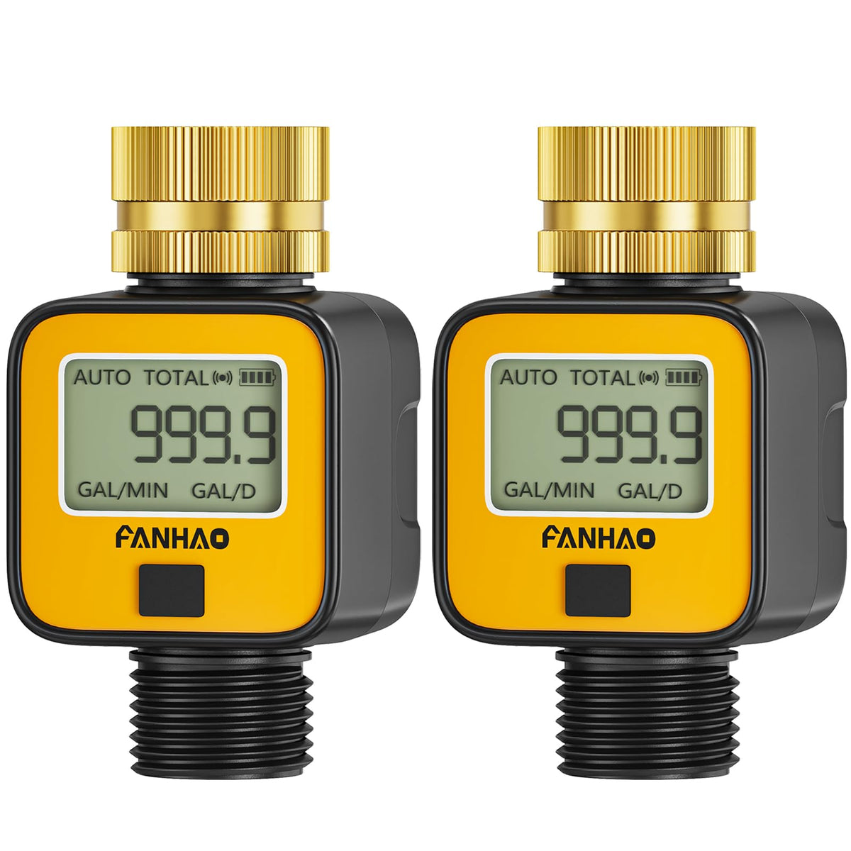 FANHAO 2 Pack Water Flow Meter with Brass Inlet Metal Thread, Measure Gallon/Liter Consumption and Flow Rate, High Accuracy & IPX6 Waterproof for Outdoor Garden Hose Watering, RV Water Tank Filling