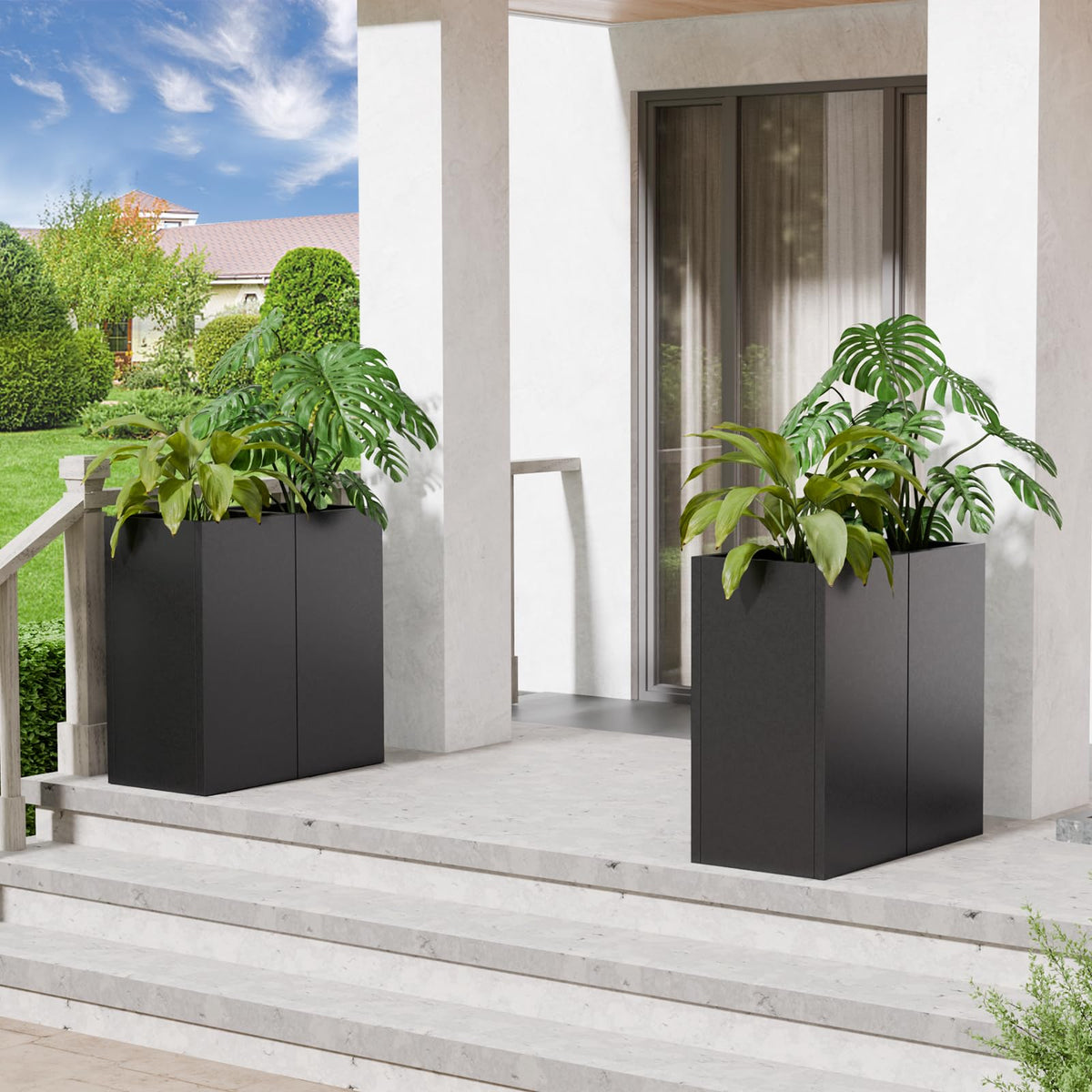 Diyfire Tall Metal Planters Box for Outdoor Plants - 23.6" Modern Steel Tall Square Planter with Removable Insert Shelf, Heavy Duty Pedestal Planter Front Porch Decor Patio Garden Office, Black