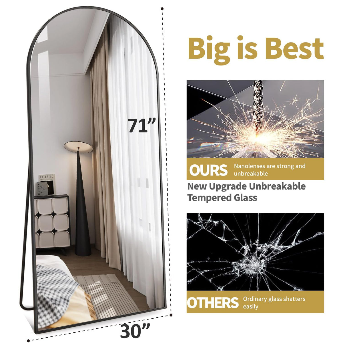 DMWOODFL 71"x30" Arched Full Length Mirror - Extra Large Floor & Wall Mounted with Stand, Shatterproof Glass, Aluminum Frame for Bedroom, Living Room, Entryway (Black)