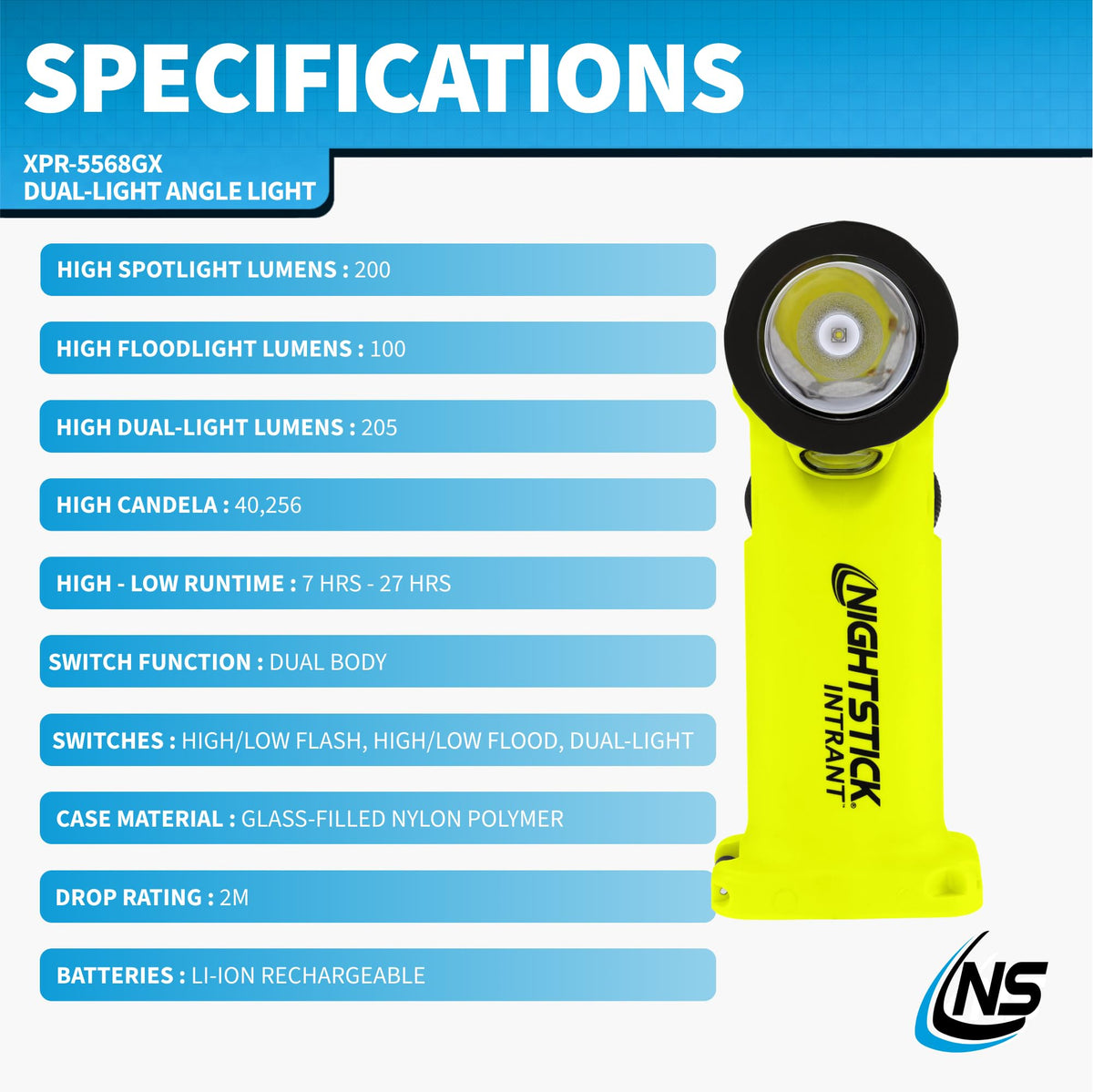 Nightstick XPR-5568GX Intrant Rechargeable Intrinsically Safe Permissible Dual-Light Angle Light (Green)