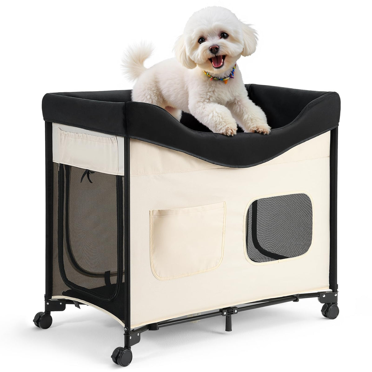 VEVOR Bedside Lounge Pet Bed, Foldable Bunk Dog Bed with 600D Oxford Cloth and Dutch Velvet, Portable Raised Cot with Wheels, Side Storage Bags, and Carry Bag for Cats & Dogs, L, Beige