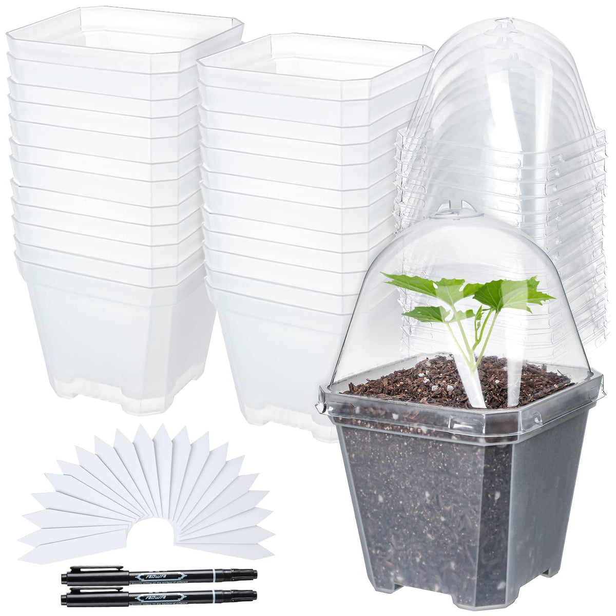 42 Pack 4 Inch Clear Plant Nursery Pot Sets with Humidity Dome and Drain Holes Include 20 Plastic Gardening Pot 20 Labels, 2 Marker Pen Seed Starting Container for Seedlings Vegetables Succulents