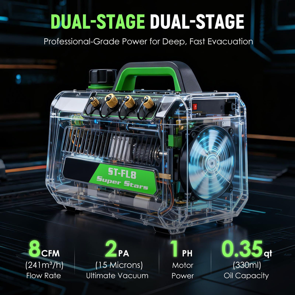 Antstone Dual Stage HVAC Vacuum Pump 1 HP 8CFM Rotary Vane Air Vacuum Pump 2 Pa 15 Micron Smart Oil Change System for HVAC Air Conditioning Refrigeration Maintenance A2L R32 R22 Compatible