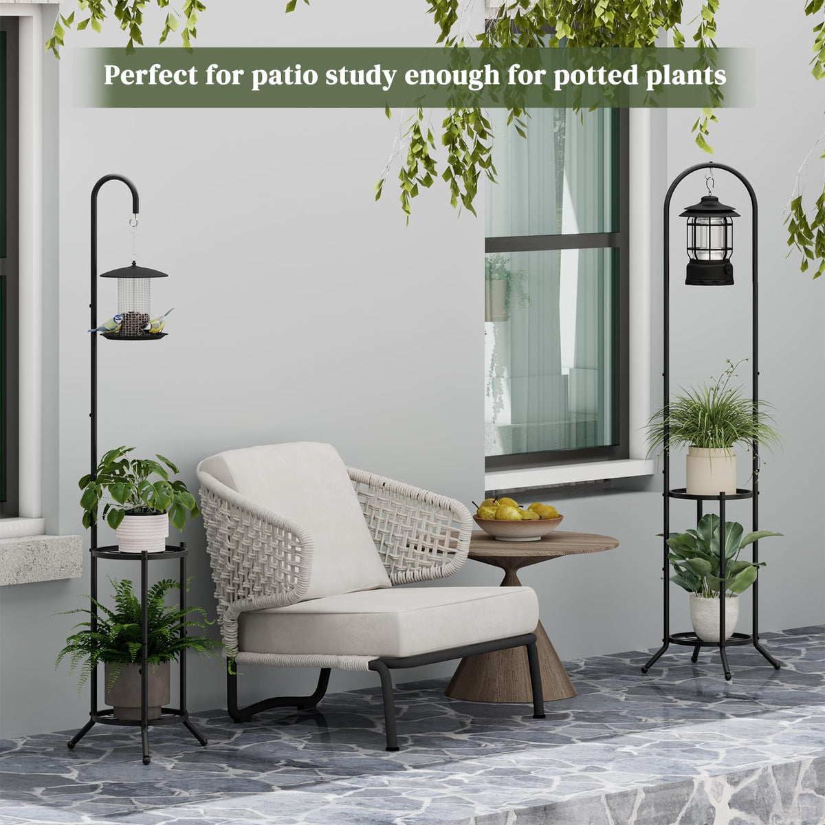 PULIJIAJU 2-tier Hanging Plant Stand Indoor and Outdoor, Space-Saving Iron Plant Shelf, 3 Potted Flower Pot Stand ,Planter Holder for Bedroom Balcony Living Room Patio Garden(Hook Style)