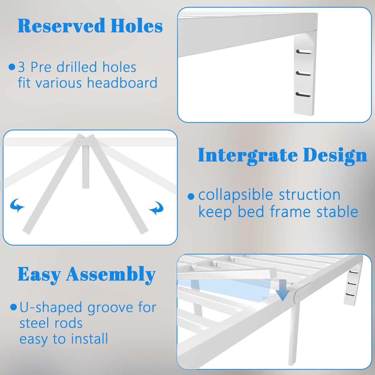 KOSOSO 12 Inch White Full Size Bed Frame with Baffles, Metal Full Bed Frame No Box Spring Need, Heavy Duty Steel Platform Support, Reserved Holes, Round Corner Legs, Storage Space, Noiseless