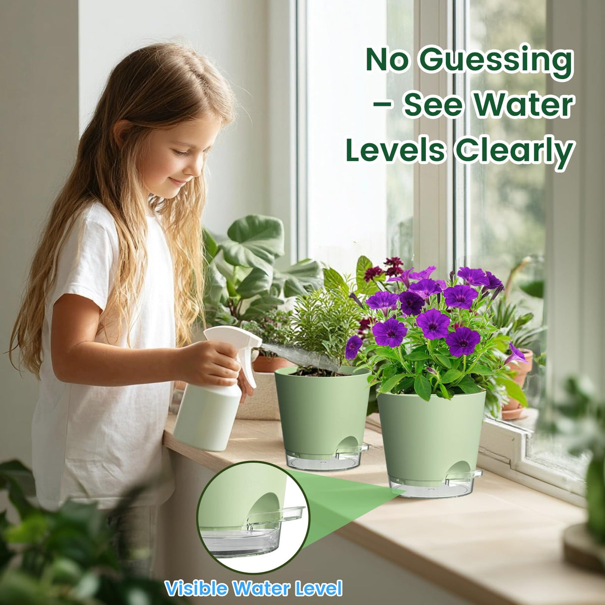 Meowell 8 inch Self Watering Pots for Indoor Outdoor Plants, 2 Pack Flower Plant Pots with Drainage Holes & Clear Reservoir for Visible Water Level, Plastic Wicking Planters for House Plants, Green
