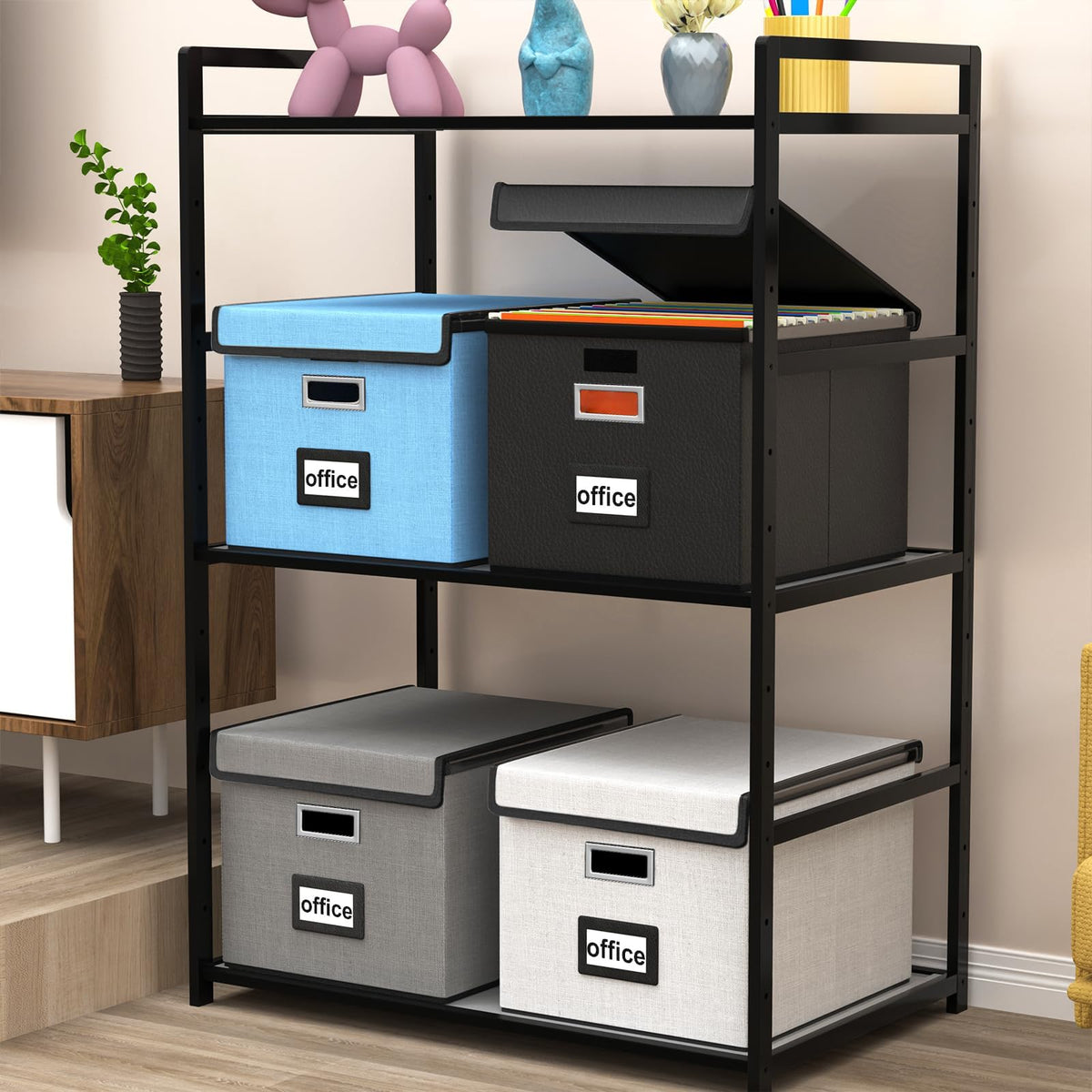 Huolewa File Organizer Box with Lid, Collapsible Faux Leather Hanging File Folder Box Organizer with Plastic Slides, Decorative Home/Office Filing System Boxes for File and Folders Storage
