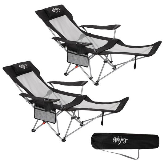 #WEJOY 2-in-1 Reclining Camping Chair with Footrest for Adults Folding Lounge Chair with Adjustable Backrest Lightweight Camping Chairs Heavy Duty Camp Chairs for Outdoor (2 Pack Black Grey)
