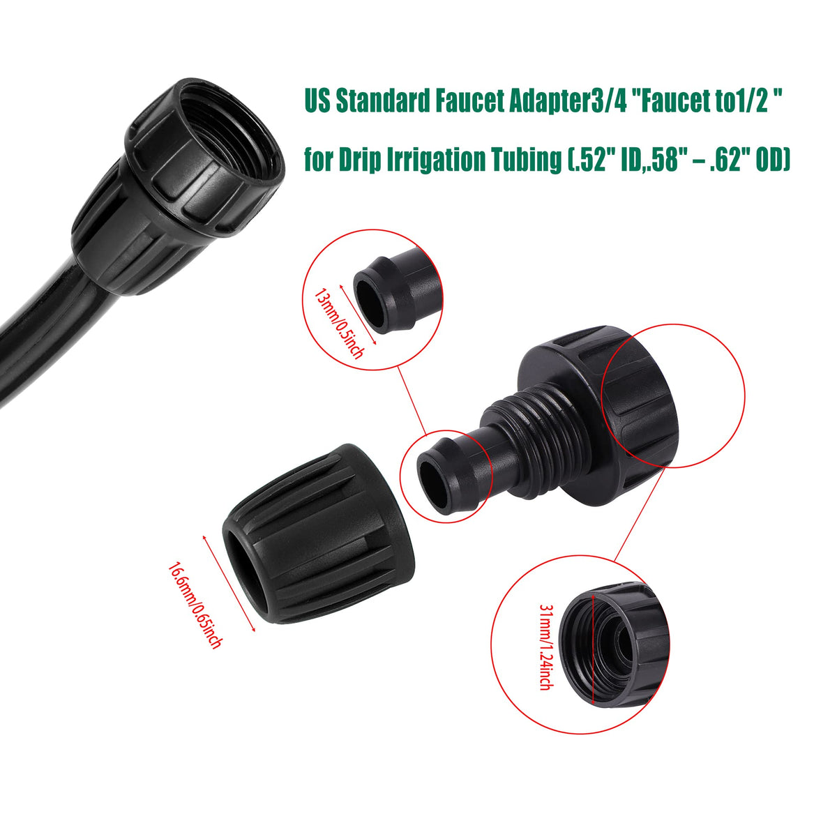 FULAIERGD 2 Way Y Water Splitter Connector for 3/4" Inch Garden Hose Spigot Faucet，with US Standard 3/4" Female GHT to 1/2' Hose Adapter for Drip Irrigation Tubing (.52" ID,.58" –.62" OD)
