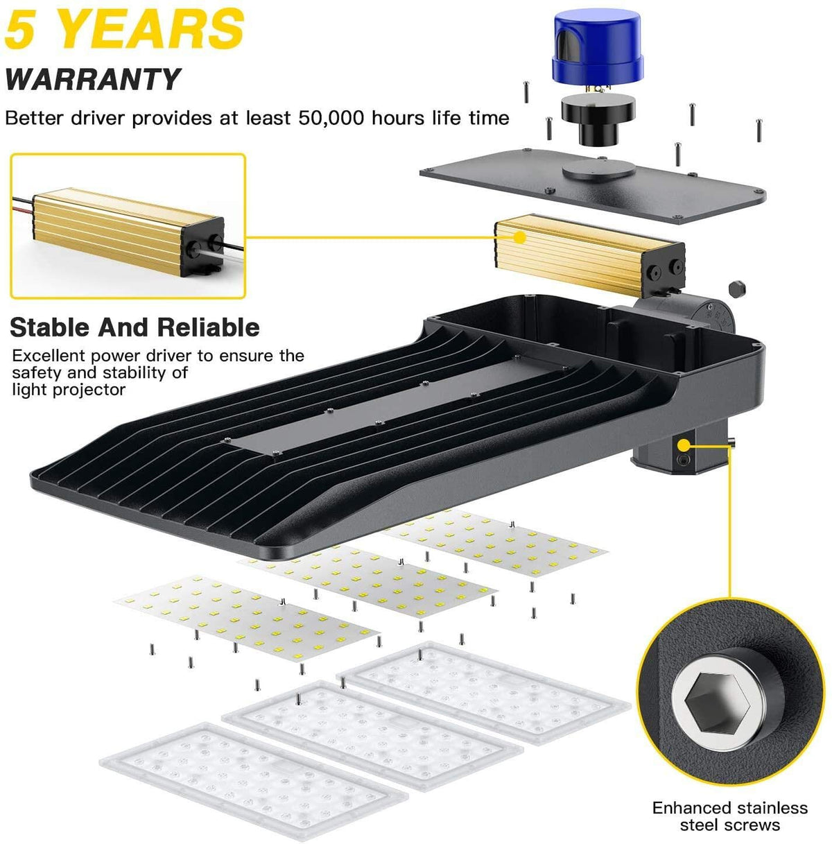 ledmo 36000LM LED Parking Lot Lights 1000W HID/HPS Replacement Adjustable with Dusk to Dawn Photocell Slip Fitter 5000K Flood Outdoor Commercial Shoebox Pole Lighting for Street Yard Stadium 300W