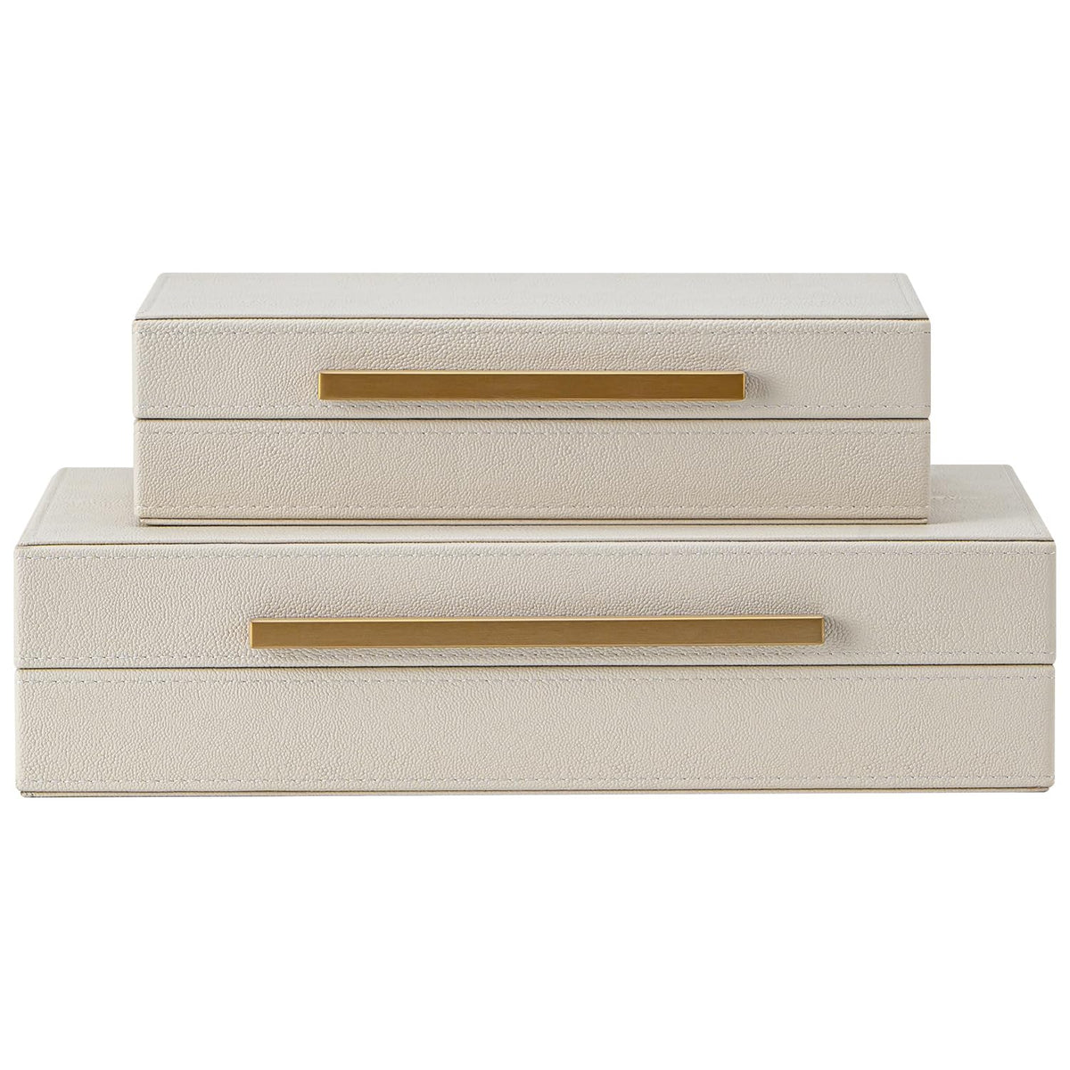 SYYSY Set of 2 Beige Shagreen Decorative Storage Boxes with Gold Metal Handles – Faux Leather Jewelry & Memory Boxes, Nesting Photo Organizers for Home Decor