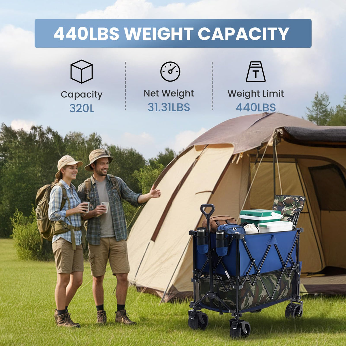 DUMOS 440LBS Heavy Duty Double Decker Wagon with 51IN Extender, 400L Large Capacity Collapsible Garden Cart, All-Terrain 7IN Wheels with Brakes, Foldable Utility Wagon for Shopping, Camping, Blue