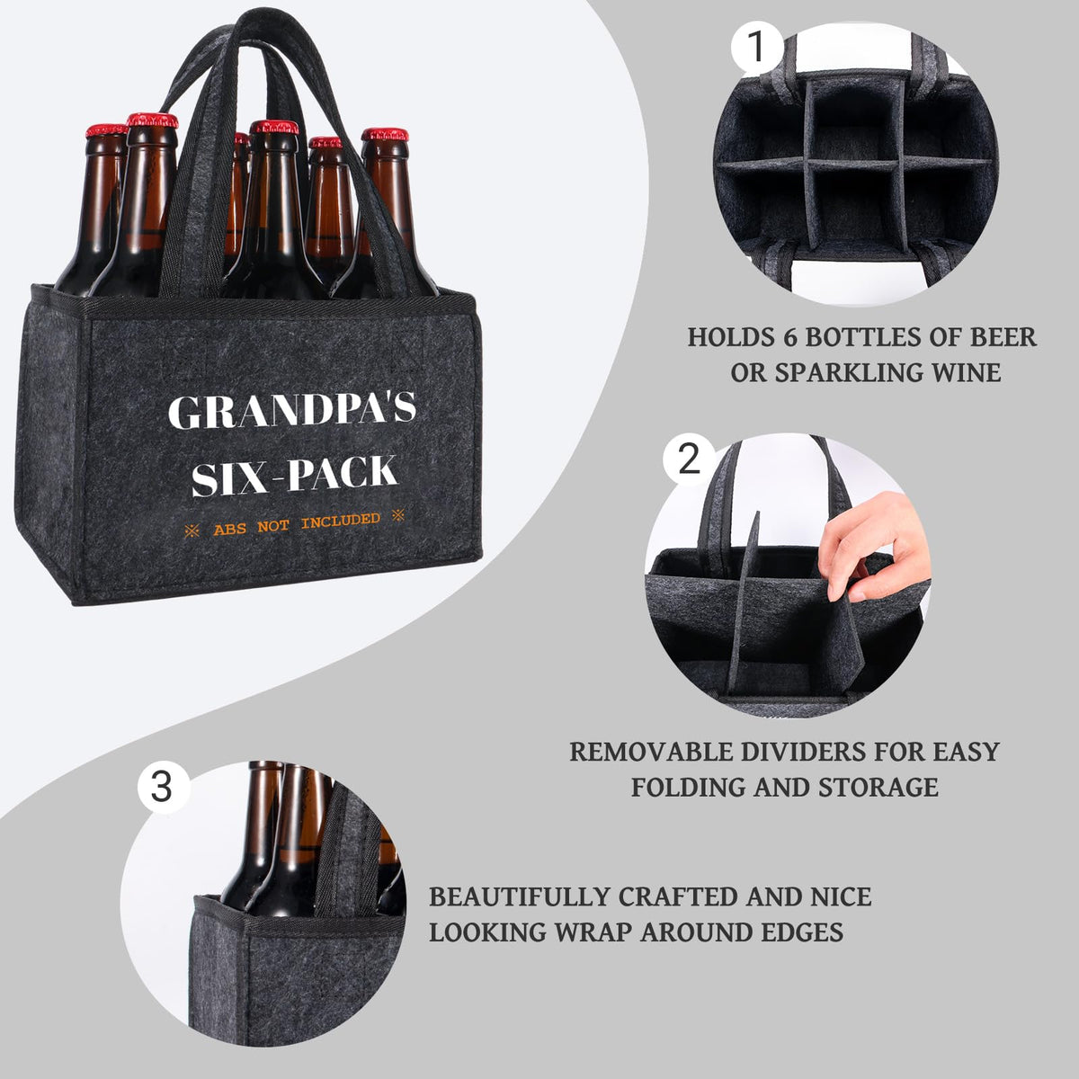 Funny Gifts for Grandpa, Grandpa Beer Carrier Felt Bottle Tote, Father’s Day Birthday Gift for Dad, Reusable Drink Caddy for Camping, BBQ, Picnic, and Party