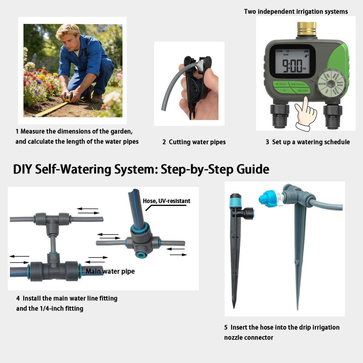 Drip Irrigation System with Water Timer(Dual System) Plug-in Quick Connection Drip Irrigation Kit 5/16“ID and 1/4 Inch Pipe Auto Watering System for Garden Spray, Greenhouse, Lawn, Potted Plants