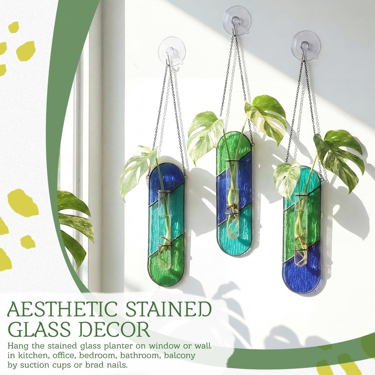 Hushee 3 Pcs Stained Glass Plant Propagation Station Hanging Window Propagation Station Planters with Glass Tubes Hydroponic Planter Terrarium Holder Window Decor for Indoor Home Garden Decor
