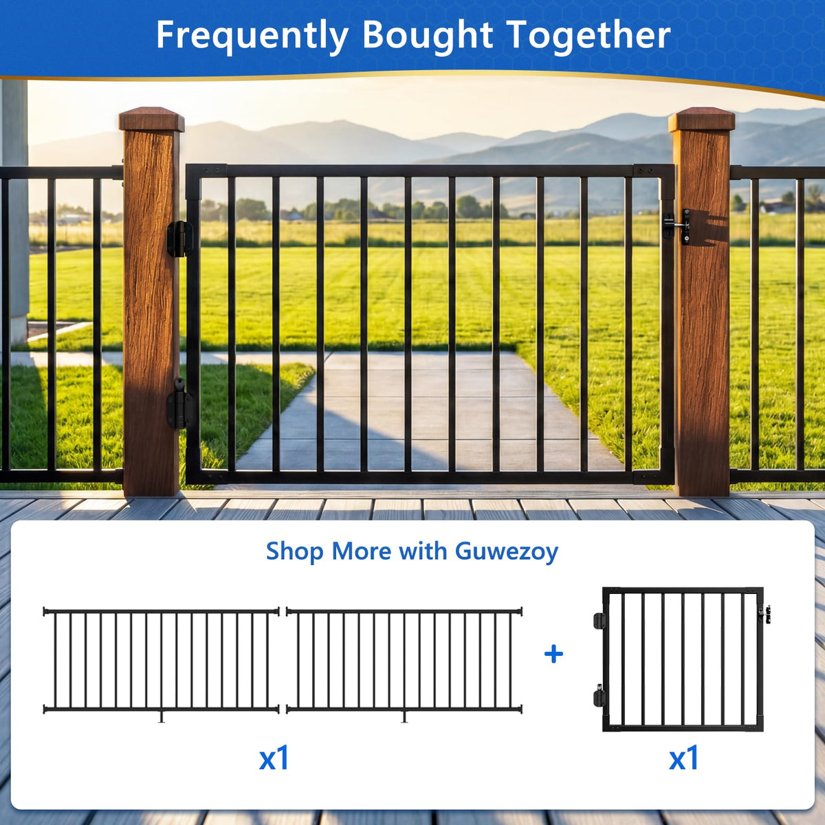Guwezoy W.3ft x H.36in Outdoor Aluminum Deck Gate Kit, Cuttable Porch Gate with Latch and Auto-Close Hinge, AAMA 2604–Grade Texture Black Finish for Deck Railing, Patio, Porch, Garden & Yard